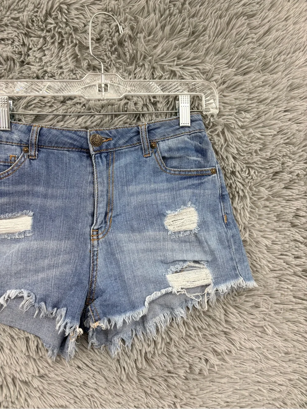 Almost Famous Denim Shorts Womens 10 High Rise Distressed Raw Hem Blue
